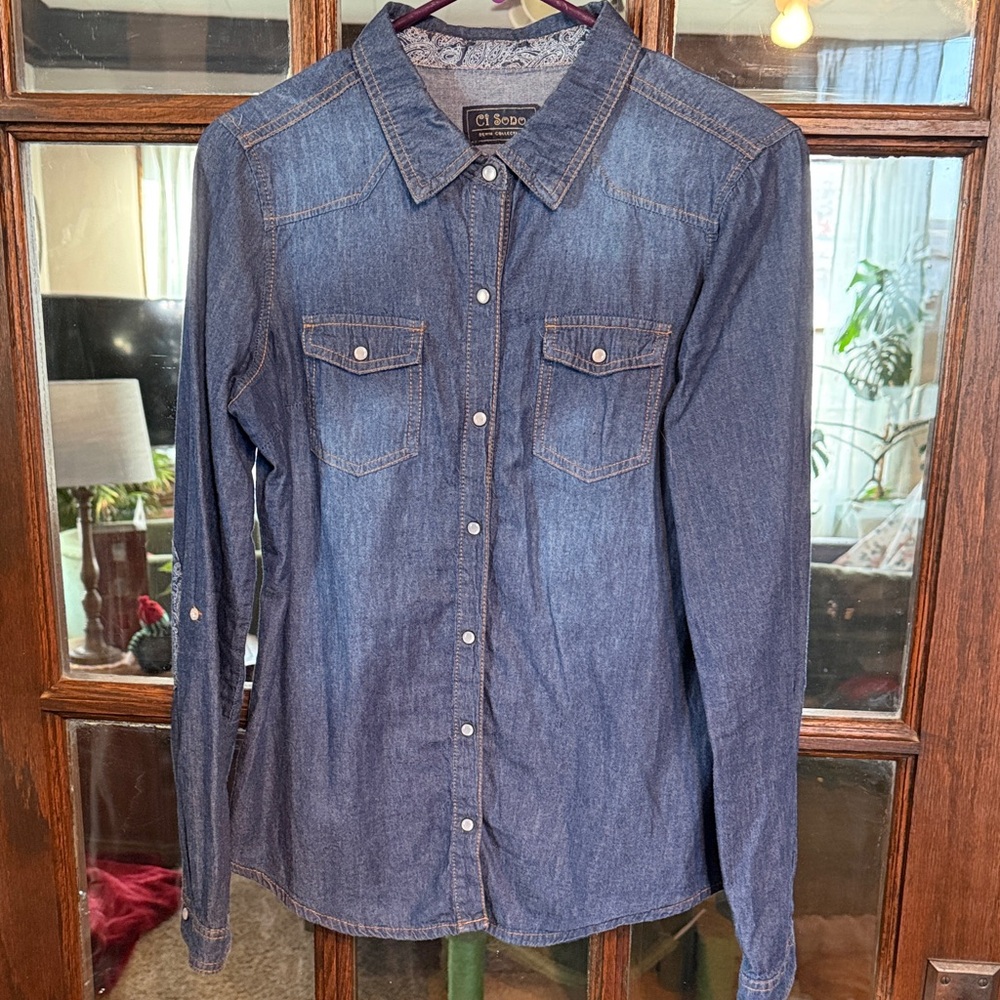Ci Sono Denim Collection Blue Western Snap Button Shirt Paisley Elbow Patches M